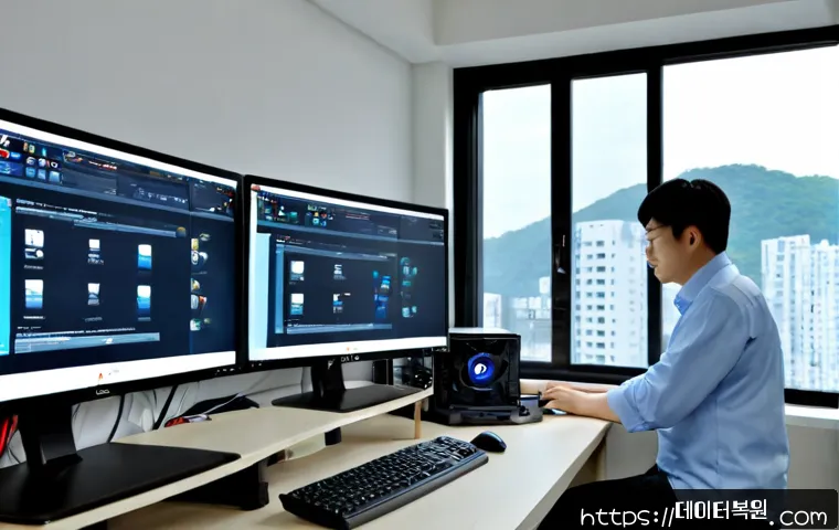 흥인동 본체 꺼졌다 켜졌다 할때 - Photorealistic remote PC support scene in a compact Heungin-dong office, desktop tower repeatedly re...