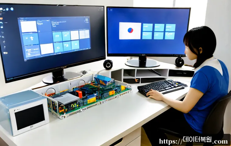 율현동 NTLDR is compressed - Photorealistic IT support workstation in a compact Yulhyeon-dong apartment office, desktop tower ope...