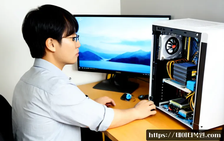 세곡동 파워조립 및 교체수리 - Photorealistic PC repair workstation in a quiet Segok-dong apartment home office, technician careful...