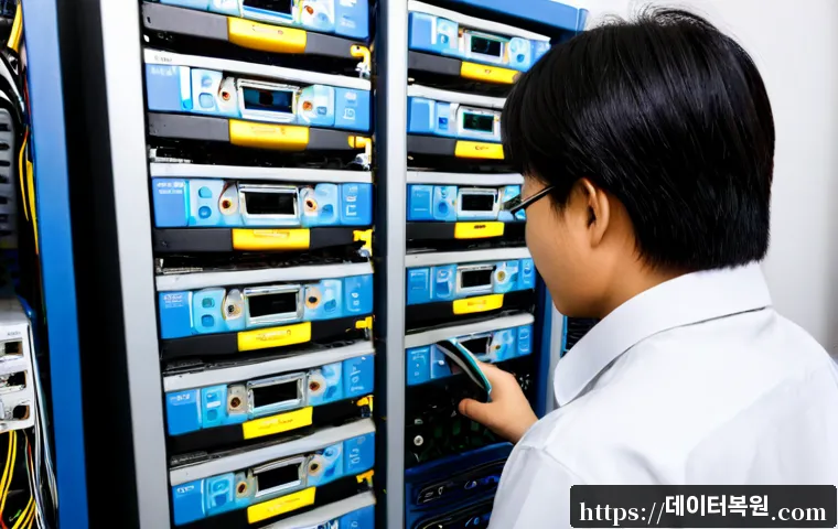 서원동 서버출장방문수리점 - Photorealistic onsite server repair in a compact Seowon-dong office, technician inspecting an open r...