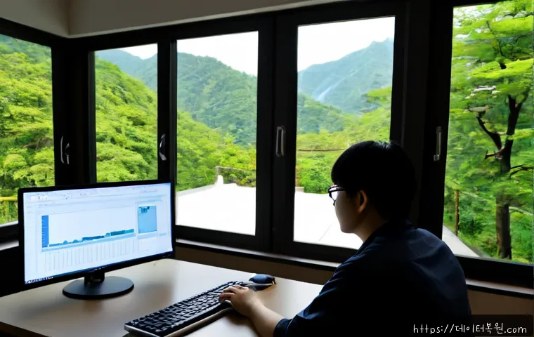 북한동 STATUS_PRIVILEGED_INSTRUCTION - Photorealistic remote-support workstation in a quiet Bukhan-dong home office, dual monitors showing ...
