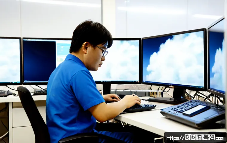 황학동 STATUS_IMAGE_ACCESS_DENIED - Photorealistic IT support workstation in a compact electronics-repair office near an old Seoul marke...