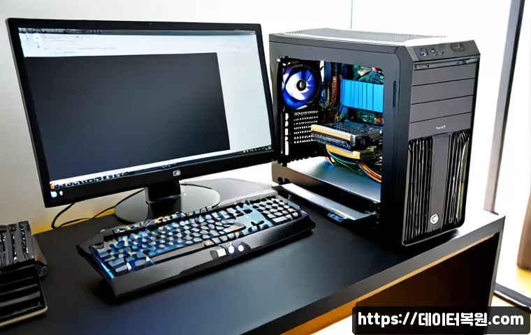 구수동 컴퓨터업그레이드 - Photorealistic desktop computer upgrade workstation in a compact hillside neighborhood apartment, te...