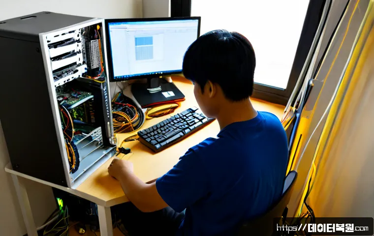 중학동 컴퓨터 desktop 출장방문수리점 - Photorealistic on-site desktop computer repair in a compact apartment near a quiet civic district, t...