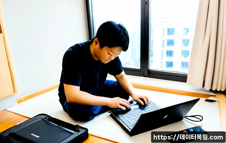 중화동 노트북 laptop 출장방문수리점 - Photorealistic onsite laptop repair in a compact Jungnang-gu apartment, skilled technician replacing...