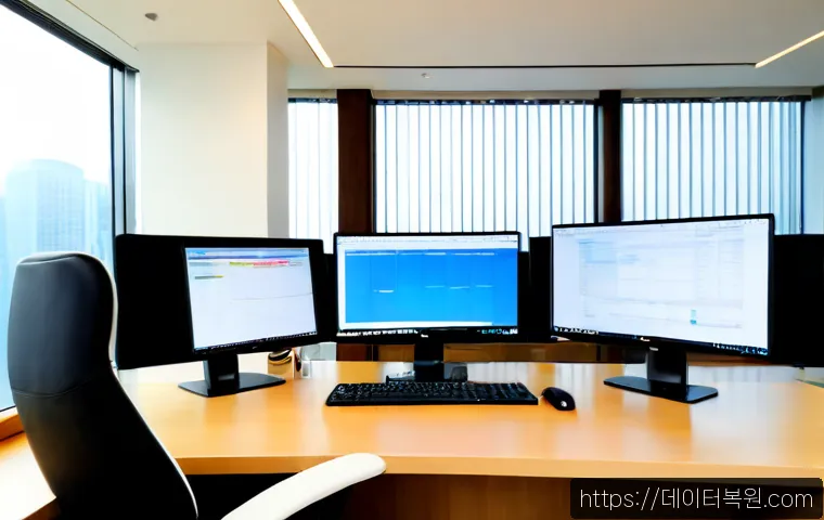 서초동 STATUS_ILLEGAL_INSTRUCTION - Photorealistic premium desktop workstation in a quiet Seocho-dong legal-tech office, dual monitors d...