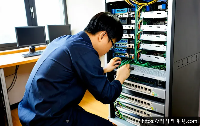 석촌동 ftp서버출장방문수리점 - Photorealistic IT technician repairing a compact rack-mounted FTP server in a small Seokchon-dong of...