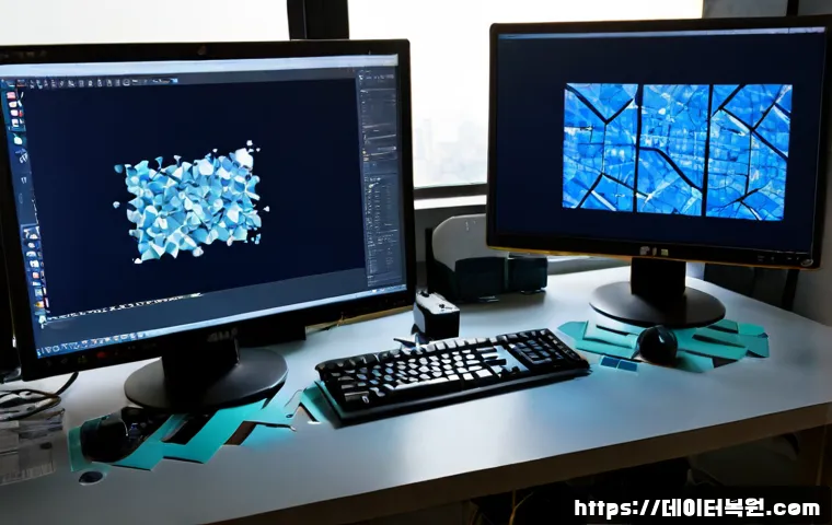 산황동 POOL_CORRUPTION_IN_FILE_AREA - Photorealistic computer repair workstation in Sanhwang-dong, dual monitors showing a sleek unlabeled...