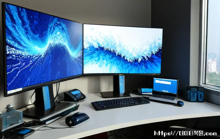 다산동 KERNEL_MODE_HEAP_CORRUPTION - Photorealistic IT support workstation in a modern riverside apartment office, dual monitors showing ...