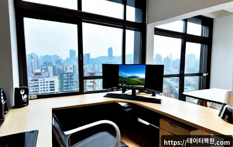 도곡동 본체 꺼졌다 켜졌다 할때 - Photorealistic premium home office in Dogok-dong, a desktop tower repeatedly powering on beside a du...