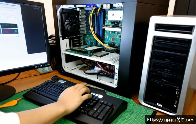 상봉동 컴퓨터 desktop 출장방문수리점 - Photorealistic desktop computer visiting repair service inside a compact Sangbong-dong apartment, te...