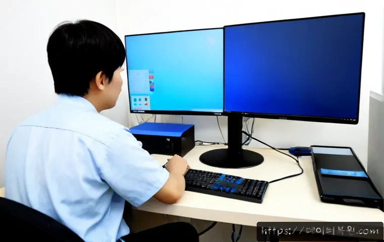 철산동 WIN32K_POWER_WATCHDOG_TIMEOUT - Photorealistic IT support workstation in a compact Cheolsan-dong apartment office, dual monitors sho...