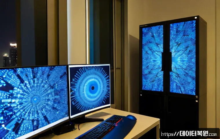 동작동 STATUS_MEMORY_VIOLATION - Photorealistic IT support workstation in a quiet Dongjak-dong apartment office, dual monitors showin...