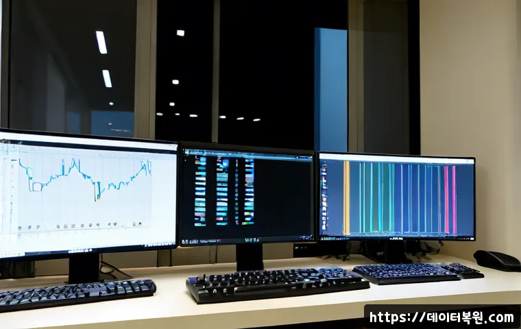 효제동 STATUS_DATATYPE_MISALIGNMENT - Photorealistic software engineering workstation in a compact Hyoje-dong office, dual blank monitors ...