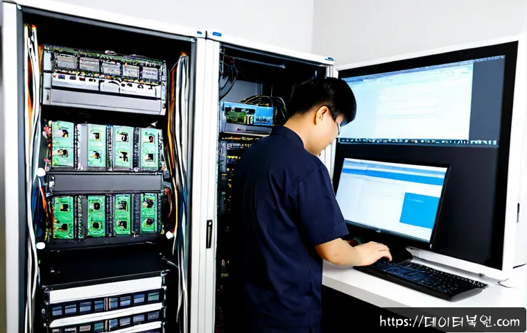 중랑구 파일서버출장방문수리점 - Photorealistic onsite file server repair in a compact Jungnang-gu architectural studio, technician r...
