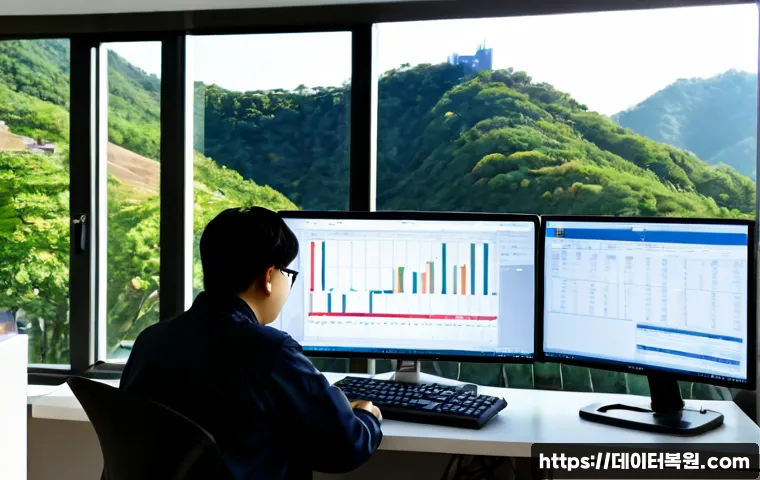 응봉동 STATUS_KERNEL_MEMORY_LEAK - Photorealistic IT support workstation in a compact apartment office, dual monitors showing abstract ...