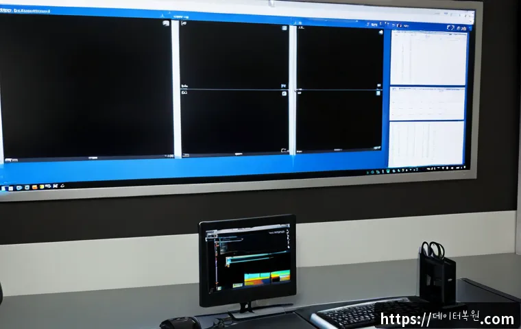 일직동 MULTIPLE_IRP_COMPLETE_REQUESTS - Photorealistic IT support workstation in Iljik-dong, Gwangmyeong, showing a dual-monitor desktop app...
