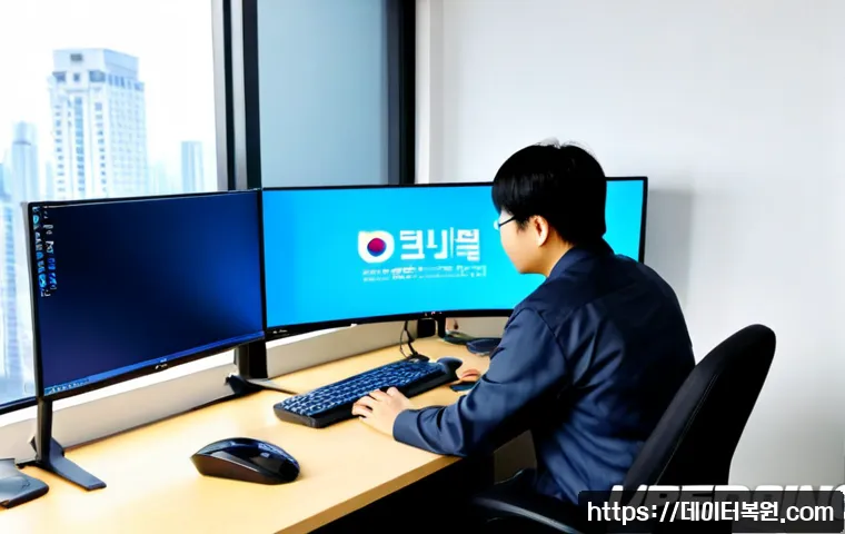 길동 KERNEL_STACK_INPAGE_ERROR - Photorealistic IT support workstation in a compact Gildong office, ultrawide monitor showing a blank...