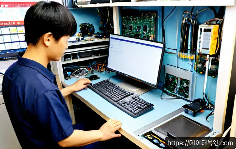 원당동 아이맥 판매 및 수리 - Photorealistic electronics repair bench in a modest Wondang-dong computer service shop, slim silver ...