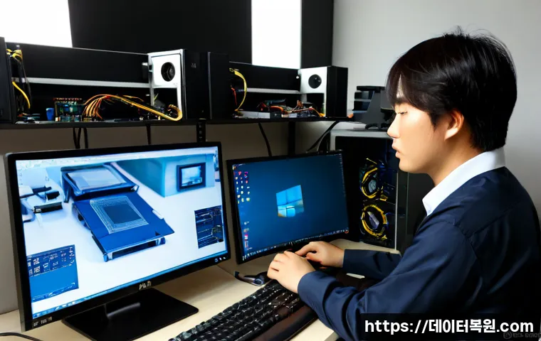 초동 HARDWARE_FAILURE - Photorealistic IT support workstation in Chodong, Seoul, a technician diagnosing a failed desktop mo...