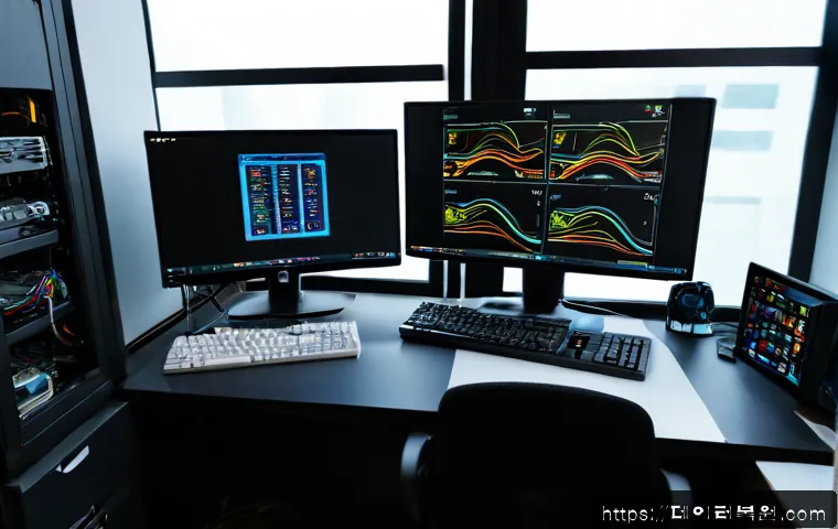 명동 HARDWARE_INTERRUPT_STORM - Photorealistic IT support workstation in a compact Myeongdong office, dual monitors showing abstract...