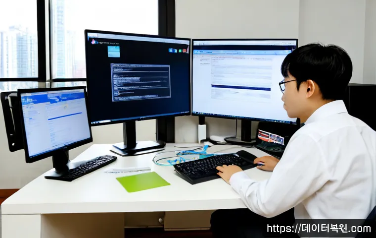 천왕동 STATUS_FILE_CORRUPTION - Photorealistic IT support workstation in a compact Cheonwang-dong apartment office, dual monitors sh...