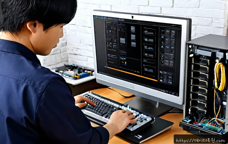 당인동 아이맥 판매 및 수리 - Photorealistic computer repair studio in Dangin-dong, Seoul, technician carefully servicing a slim s...