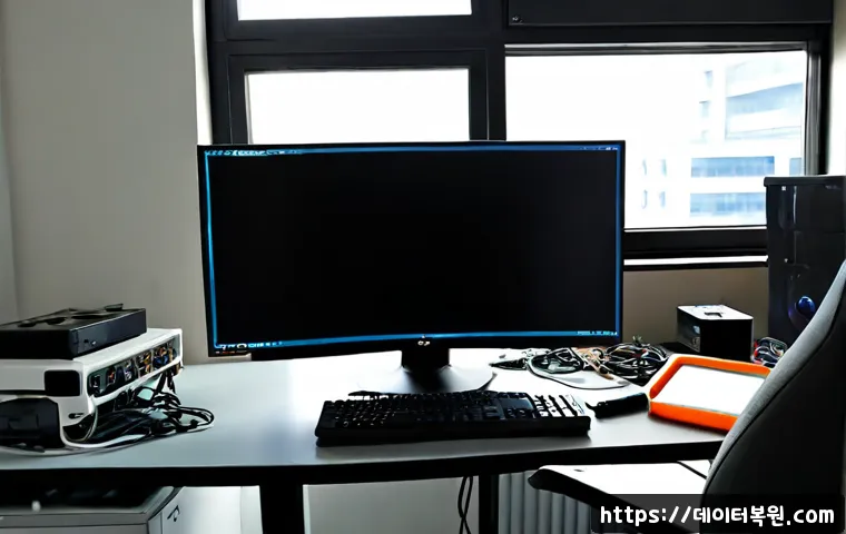 원효로 모니터화면 안나옴 - Photorealistic remote IT support scene in a compact Wonhyo-ro electronics workshop, dual-monitor wor...