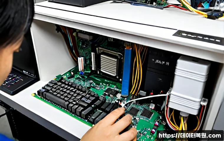 답십리동 cpu조립 및 교체수리 - Photorealistic desktop computer repair bench in a compact Dapsimni neighborhood workshop, technician...