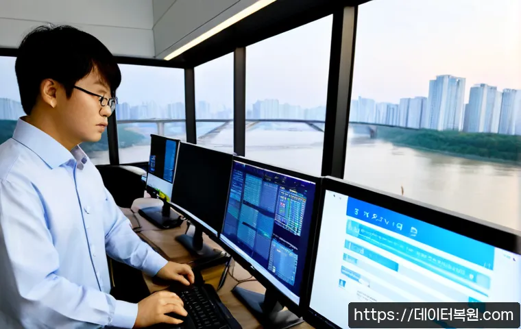여의도 STATUS_MODULE_NOT_FOUND - Photorealistic IT support workstation in a Yeouido high-rise office, dual monitors displaying a clea...
