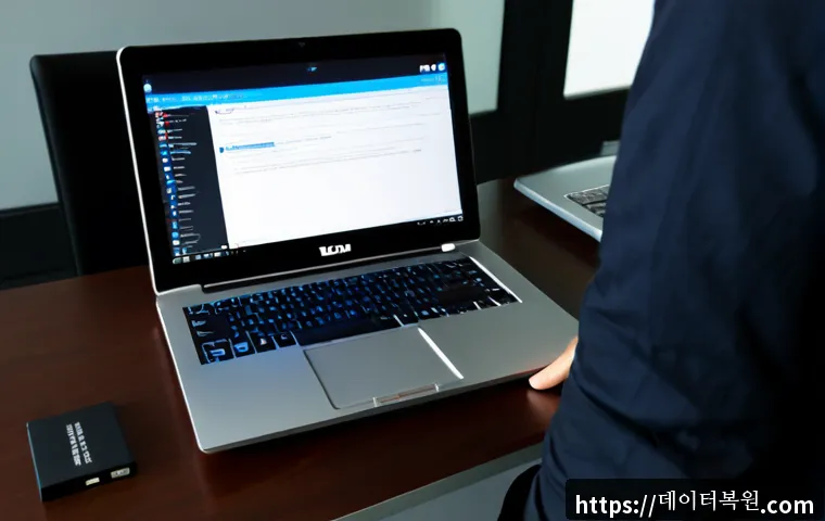 장교동 부트캠프설치 - Photorealistic IT technician installing a dual-boot operating system on a sleek laptop at a compact ...