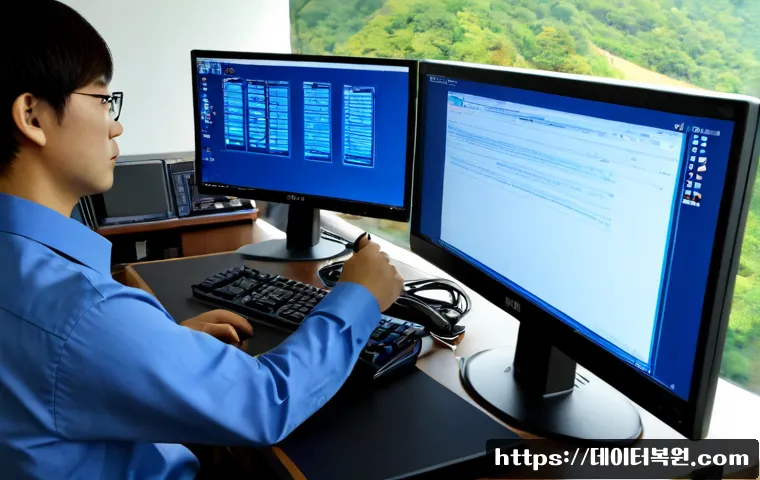 성북구 PAGE_FAULT_IN_NONPAGED_AREA - Photorealistic remote IT support workstation in Seongbuk, Seoul, dual monitors showing a blank blue ...