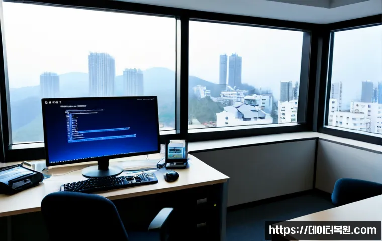 하안동 STATUS_DRIVER_ENTRYPOINT_NOT_FOUND - Photorealistic IT support workstation in a high-rise apartment office, desktop computer showing a bl...