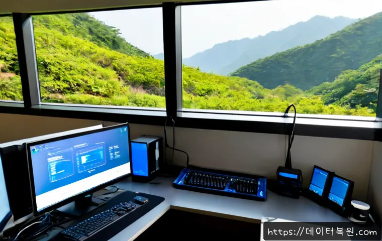 청운동 UNEXPECTED_KERNEL_MODE_TRAP - Photorealistic IT support workstation in a quiet Cheongun-dong hillside office, dual monitors showin...