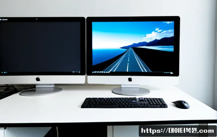 수서동 STATUS_DISK_NOT_INITIALIZED - Photorealistic IT workstation in a modern Suseo-dong office, dual monitors showing an abstract unbra...