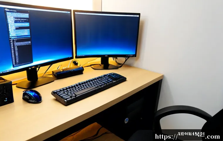 신정동 VIDEO_DRIVER_INIT_FAILURE - Photorealistic IT support workstation in a compact Sinjeong-dong apartment office, dual monitors sho...