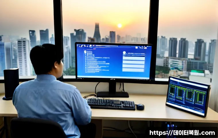 용산구 DPC_WATCHDOG_VIOLATION - Photorealistic IT support workstation in a modern Yongsan apartment office, dual monitors showing a ...