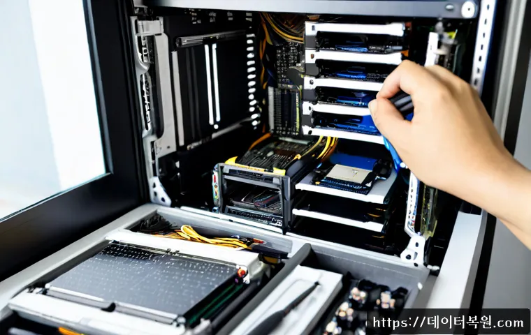 동작구 그래픽카드조립 및 교체수리 - Photorealistic PC repair workstation in Dongjak-gu, Seoul, technician carefully installing a modern ...