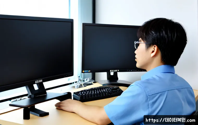 구로구 컴퓨터멈춤 - Photorealistic IT support scene in a compact Guro Digital Complex office, frustrated engineer facing...