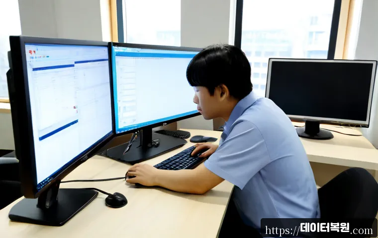 중산동 STATUS_SYSTEM_PROCESS_TERMINATED - Photorealistic modern workstation in Jungsan-dong, a software technician reviewing a silent system f...