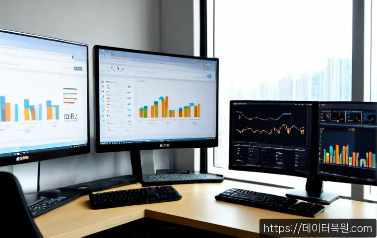 개포동 SESSION_HAS_VALID_VIEWS_ON_EXIT - Photorealistic IT support workstation in a modern Gaepo-dong apartment office, dual monitors showing...