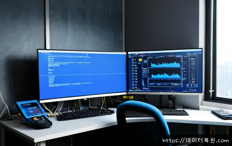 관문동 STATUS_MEMORY_VIOLATION - Photorealistic IT support workstation in a quiet Korean apartment-office district, dual monitors sho...