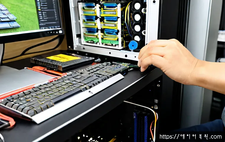 성사동 그래픽카드조립 및 교체수리 - Photorealistic desktop PC repair workstation in Seongsa-dong, a technician carefully installing a mo...