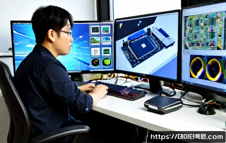 재동 DRIVER_CAUSED_SYSTEM_CRASH - Photorealistic IT support workstation in a compact Gangnam office, dual monitors showing an abstract...