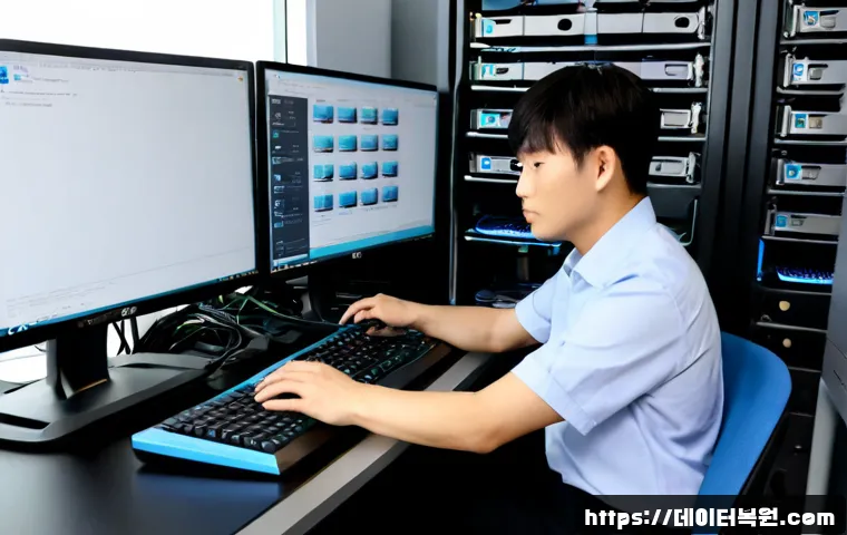 삼성동 나스 nas 설정및수리 - Photorealistic premium IT workstation in a modern Gangnam office, technician connecting a compact mu...