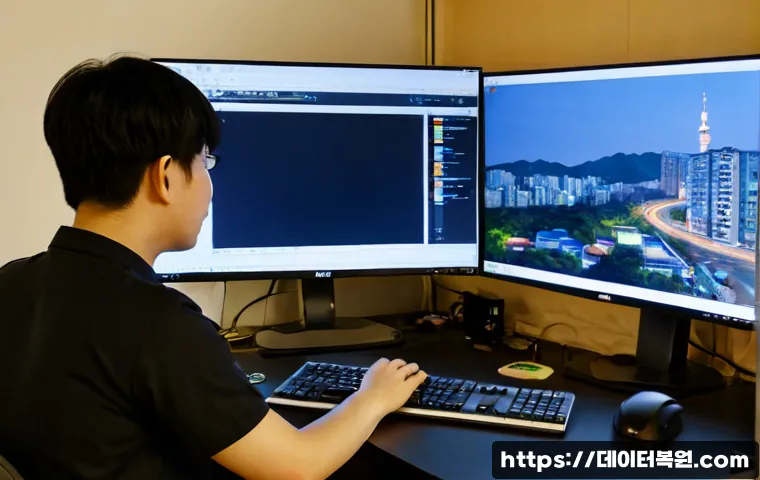 화양동 STATUS_IMAGE_CHECKSUM_MISMATCH - Photorealistic IT support workstation in a compact Hwayang-dong apartment office, dual monitors show...