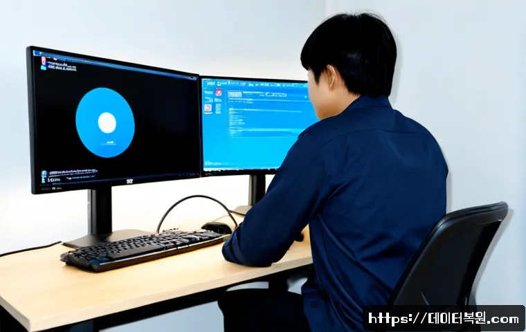 학온동 STATUS_KERNEL_DRIVER_CORRUPTION - Photorealistic IT support workstation in Hagok-dong, Seoul, dual-monitor desktop with one display sh...