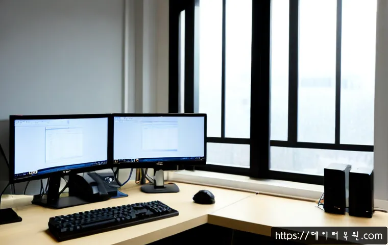 중랑구 STATUS_KERNEL_POWER_FAILURE - Photorealistic IT support workstation in a compact Jungnang-gu design studio, dual monitors showing ...