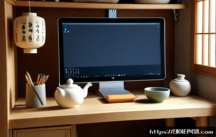 인사동 STATUS_PRIVILEGED_INSTRUCTION - Photorealistic workstation in a quiet traditional Korean craft studio, desktop computer displaying a...