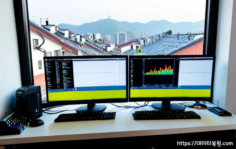 신영동 DRIVER_PORTION_MUST_BE_NONPAGED - Photorealistic IT support workstation in a quiet hillside Seoul apartment, dual monitors showing abs...